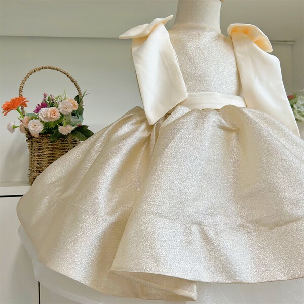 Tutu Dress Sparkling Baby Girl Dress Tan Color,Wedding Flower Girl Dress Glittering, Toddler Infant Dress,Birthday Gown Photo Dress with Bow