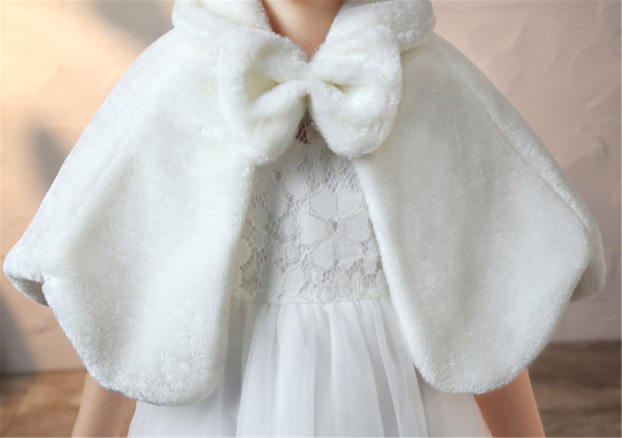 Bow Coat Girls Ivory Cape Kids Faux Fur Shrug for Wedding off