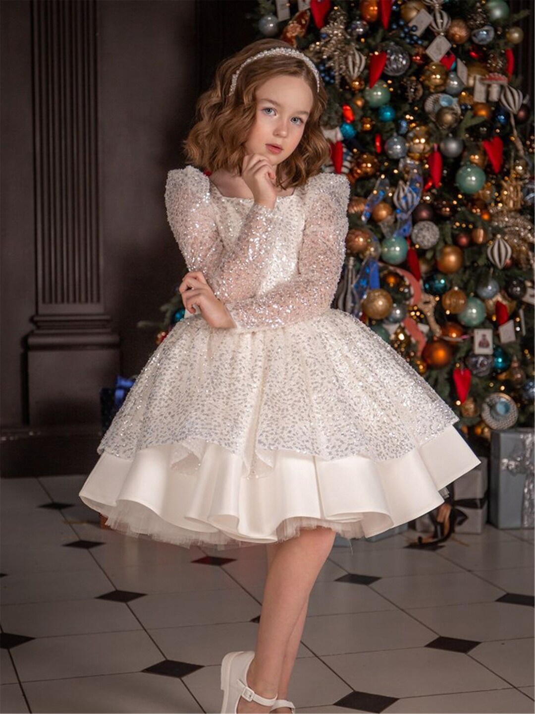 Long Sleeve Girl Dress, Sparkle Sequined Dress, White Dress