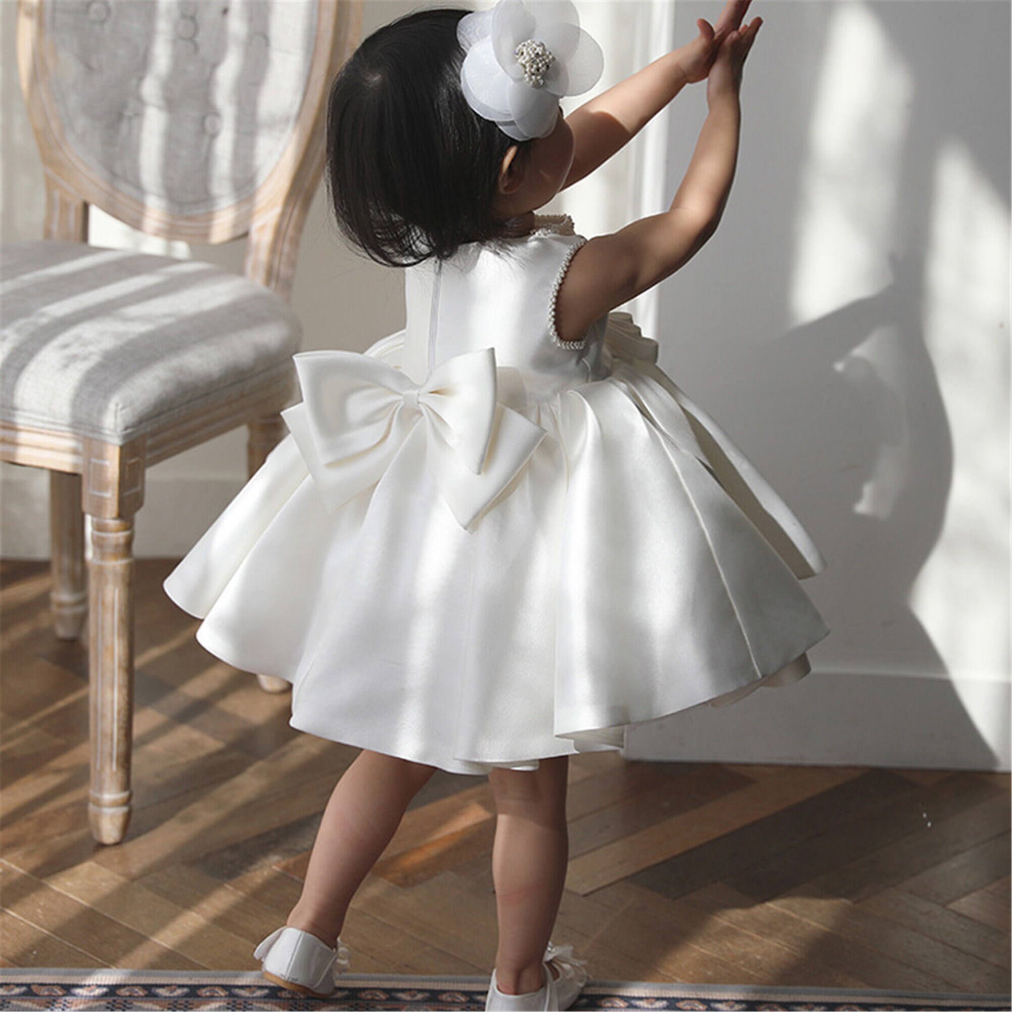 Pearls Neckline White Satin Dress Flower Girl Dress Pearls Etsy
