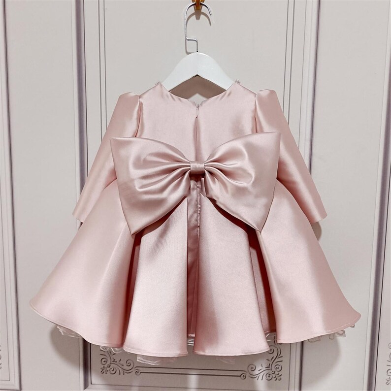 Pink Satin Dress Long Sleeve Baby Girl Dress Pearls Neckline Etsy