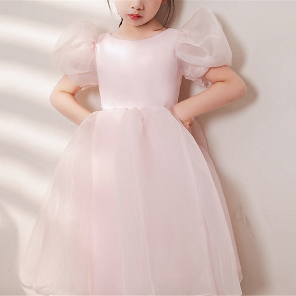 Pretty Girls Princess Dress Light Pink Organza Dress Backless V-back Dress Wedding Flower Girl Dresses Elegant Fairy Sweet Girls Dresses