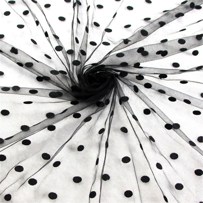 New Black Polka Dot Pattern Flocking Fabric Tulle Mesh Etsy