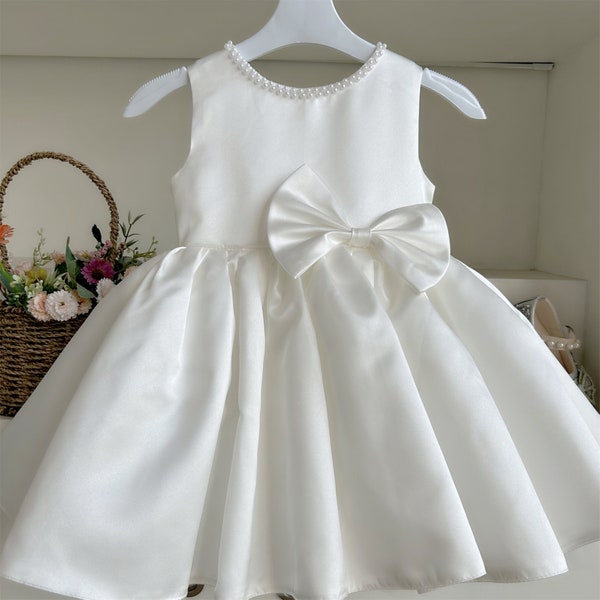Simple Satin Toddler Dress, Pearls Neckline Dress,Toddler Baby Dress Sleeveless, Wedding Flower Girl Dress,Birthday Party Gown,Baptism Dress