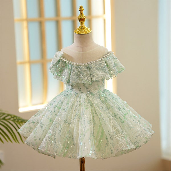 Light Cyan Sequined Dress, Flower Girl Dress Green, Toddler Dresses Glittering Sequins Dress, Birthday Dress, Baby Dress Green, Pearls Dress