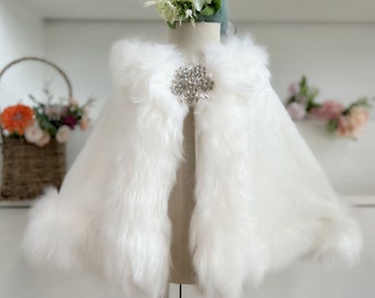 Flower Girl Fur Coat for Wedding/Event Ivory Kids Faux Fur Shrug Snowflake Crystal Pin Shrug Girls Winter Cape Wrap Costume Shawls Soft