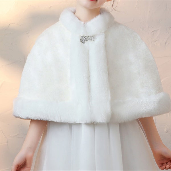 Thick Jacket Girls Winter Fur Coat with Pin Ivory Cape Kids Faux Fur Shrug for Wedding,Off-white Beige Coat, Flower Girls Shawl Formal