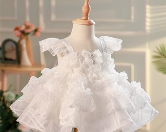 Belle robe en dentelle pour bébé sans manches, robe à volants, robe pour petite fille pour mariage, robe de demoiselle d'honneur, robe de fête d'anniversaire blanc