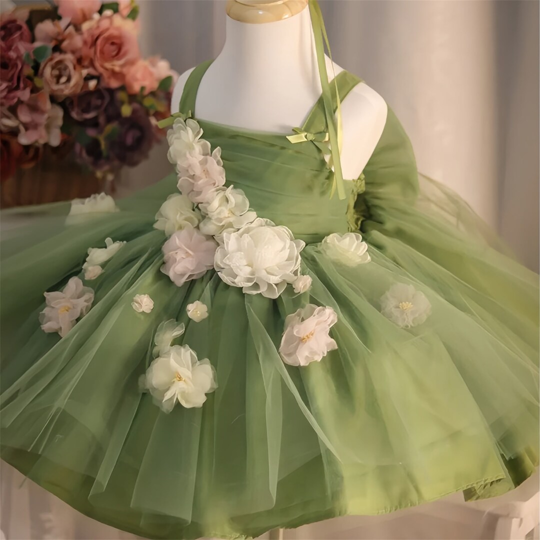 Baby Girl Mid-Season Dress In Terry Stuff Flowers Print Green Color