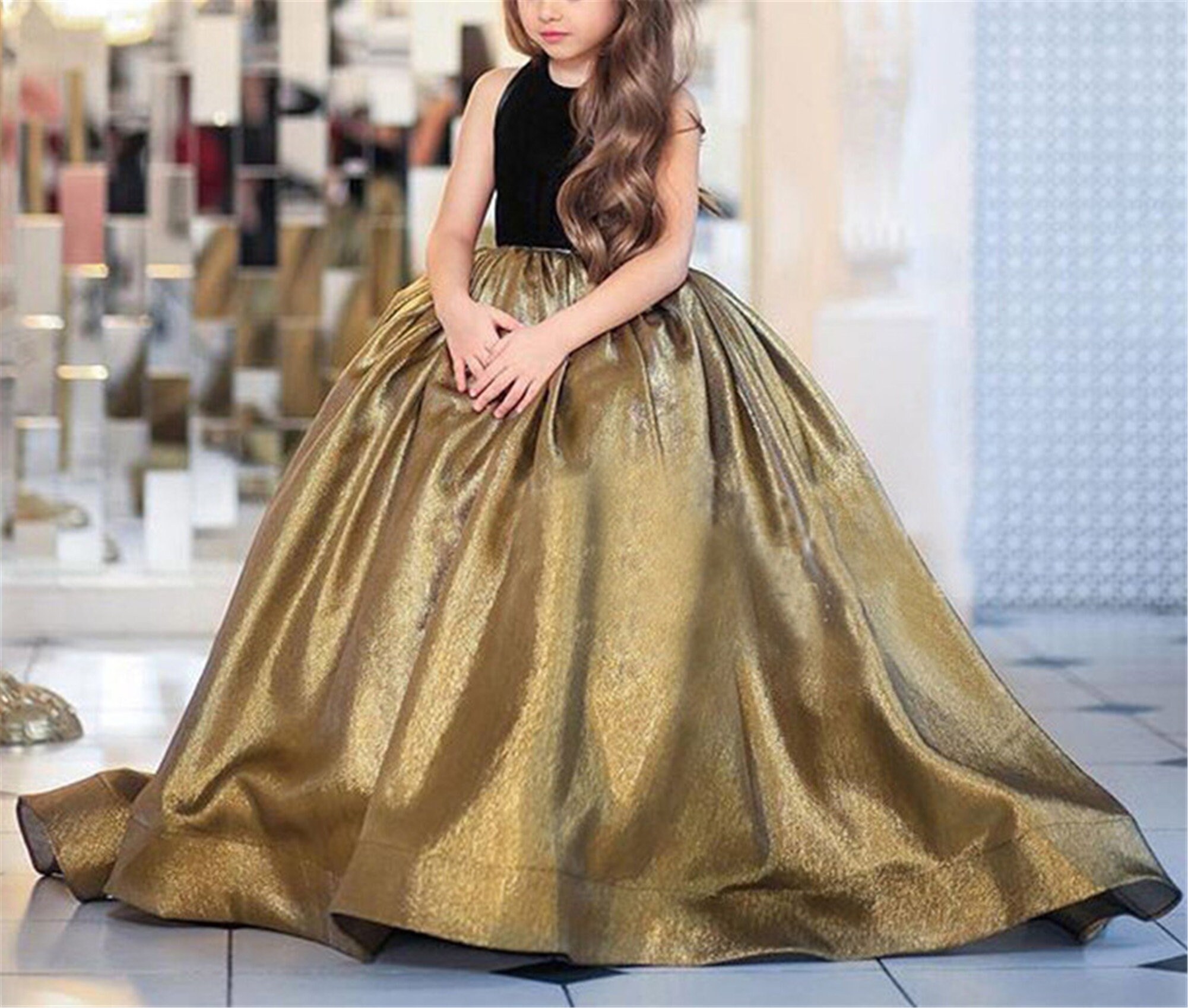 Black and Gold Glittering Long Dress Girl Birthday Gown Kids Etsy