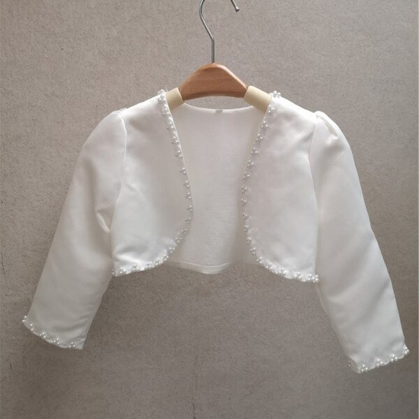 Haussement d’épaules en satin blanc cassé pour les enfants, Veste de couverture de fille de fleur de mariage avec des perles, Cape de satin de haussement d’épaules de perles, Filles Wrap Kids Baby White Cape