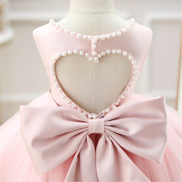 Cute LOVE Heart Backless Dress Light Pink Tulle Dress Flower Girl Dress Pearls Dress Baby Girls Dresses Toddler Girl Birthday Dress Occasion