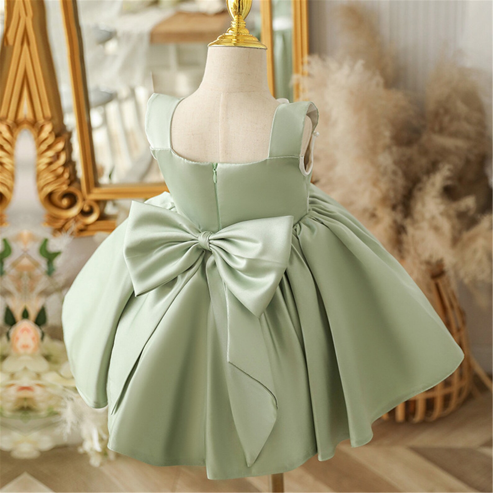 Sage Green Baby Girl Dress Satin Dress Flower Girl Dress With Etsy