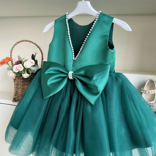 Emerald Green Satin Dress V-Back Flower Girl Dress Pearls Dress Baby Girls Dress Toddler Girl Birthday Gown Dress Occasion Tutu Party Dress