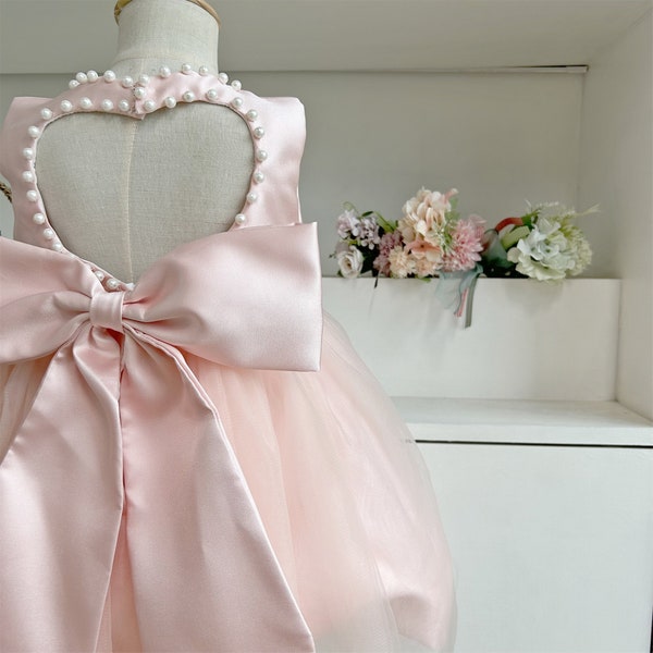 Cute LOVE Heart Backless Dress Light Pink Tulle Dress Flower Girl Dress Pearls Dress Baby Girls Dresses Toddler Girl Birthday Dress Occasion