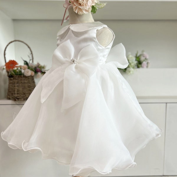 White Satin Dress Flower Girl Dress Organza Dress Pearls Baby Girls Dresses Toddler Girl Birthday Gown Dress Newborn Dress Collared Dress