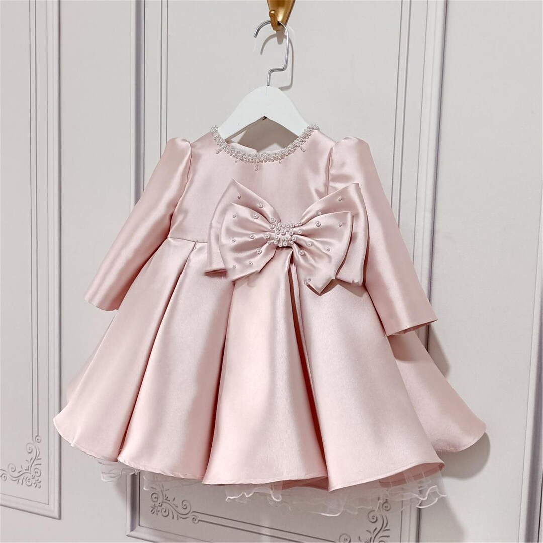 Pink Satin Dress Long Sleeve Baby Girl Dress Pearls Neckline Etsy