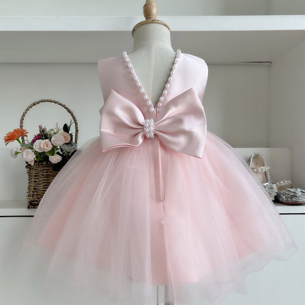 Super Lovely Pink Flower Girl Dress for Wedding Toddler Girl Pink Dress Tulle Dress with Pearls V-back Photo Dress Custom for you