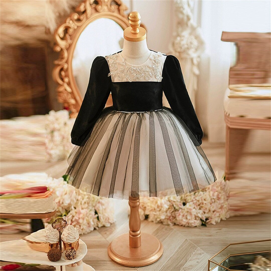 Black Velvet Baby Dress, Baby Girl Tulle Dress Long Sleeves, Wedding