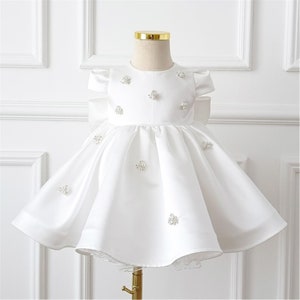 White Cap Sleeve Baby Dress w/ Lace and Floral Embroidered Bodice main image 1