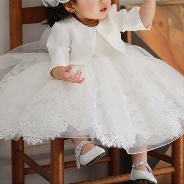 Bébé Toddler Robe bébé avec manteau satiné, fleur de mariage Robe fille Tulle Robe en dentelle Baby Girls Robe d’événement Robe Longueur du genou