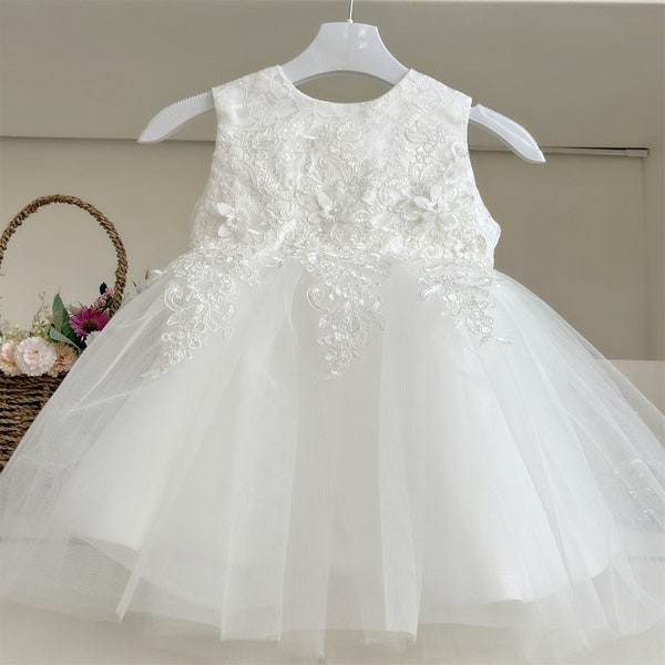 White Lace Dress Wedding Flower Girl Tulle Dress Sleeveless Dress Baby Dresses Birthday Gown Dress Show Dress Piano Dress Baptism Dress