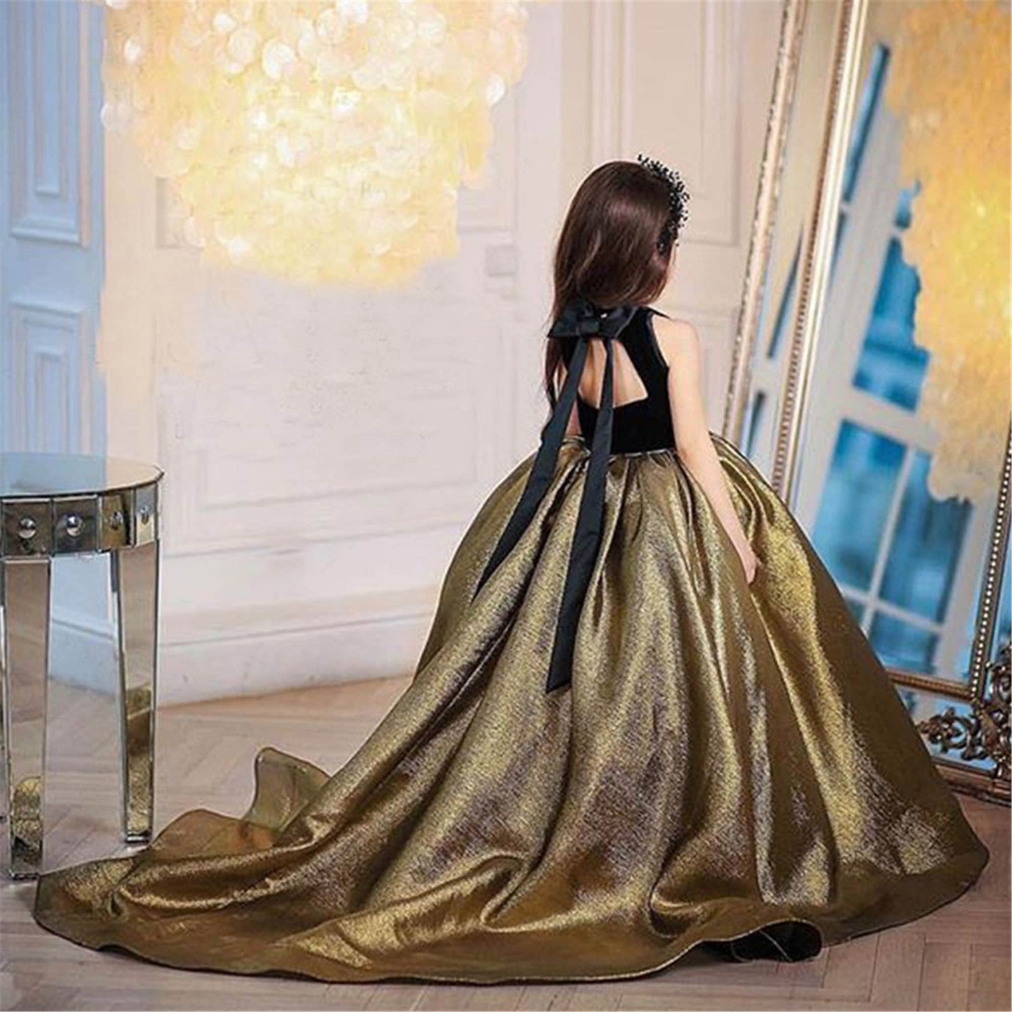 Black and Gold Glittering Long Dress Girl Birthday Gown Kids Piano Costume  Flower Girl Dress Backless Occasion Tutu Party Dress With Train - Etsy