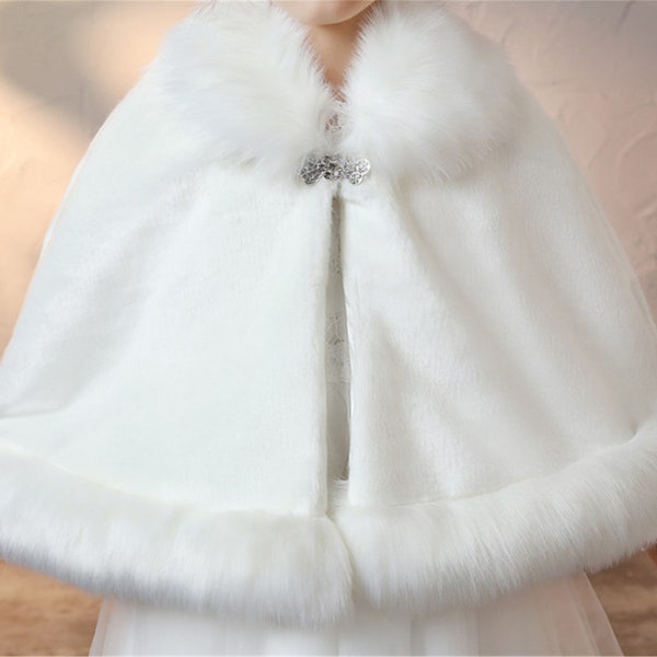 Thick Girls Winter Fur Jacket Coat with Pin Ivory Cape Kids Faux Fur Shrug for Wedding,Off-white Beige Coat, Flower Girls Costume Shawl