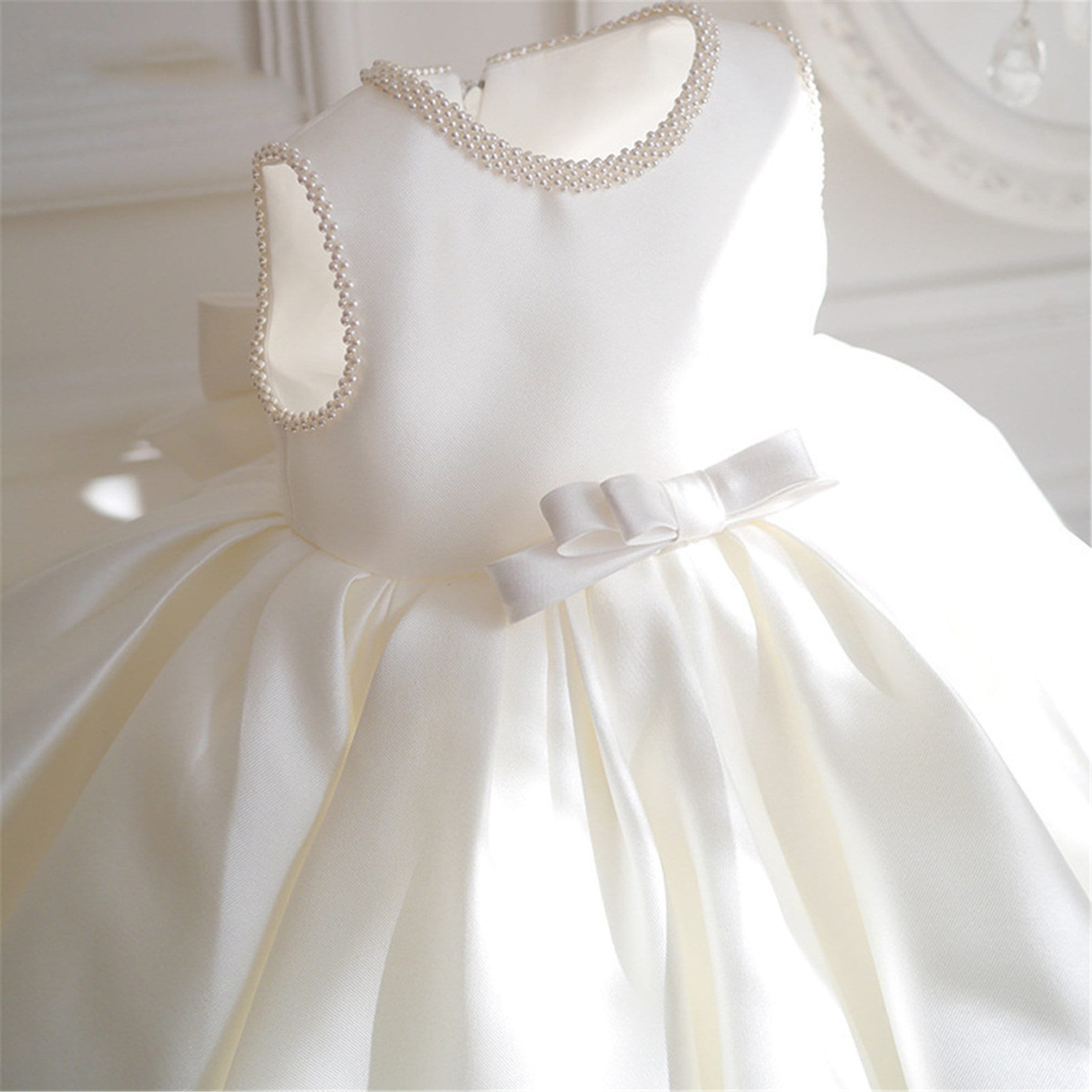 Pearls Neckline White Satin Dress Flower Girl Dress Pearls Etsy
