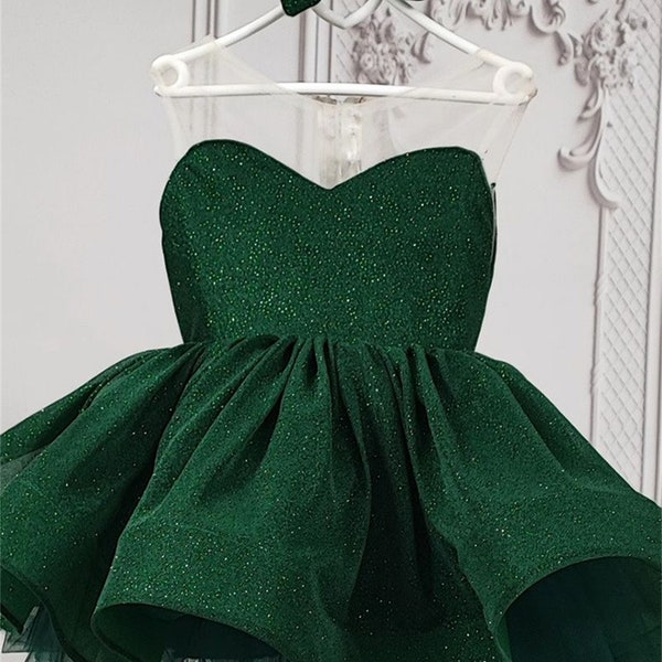 Tutu Dress Dark Green Sparkling Baby Girl Dress Illusion Neckline,Wedding Flower Girl Dress Emerald Green,Toddler Infant Dress,Birthday Gown