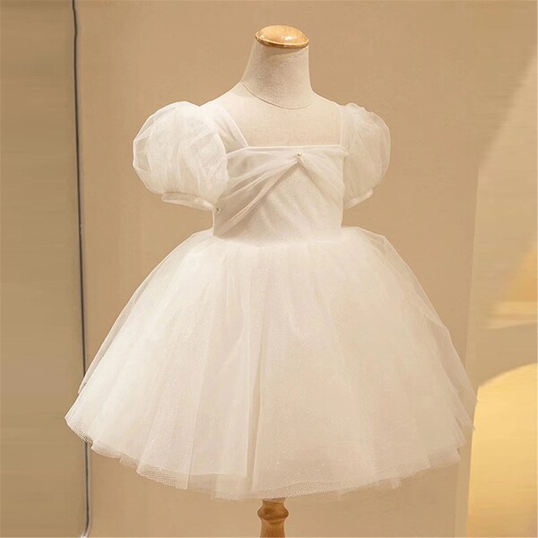 Simple White Tulle Dress Toddler Dress Wedding Flower Girl Dress Bubble Sleeve Dress Baby Girl Dresses Birthday Dress