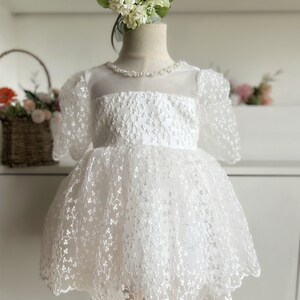 Leaves Pattern Lace Baby Dress with Beaded Neckline White/Champagne Dress Baby Girl Dress for Wedding Toddler Flower Girl Dress