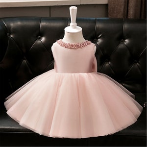 Pearls Collar Pink Flower Girl Dress Satin Dress Baby Girls Tulle Dresses Toddler Girl Birthday Gown Dress Occasion Tutu Party Dress Cute