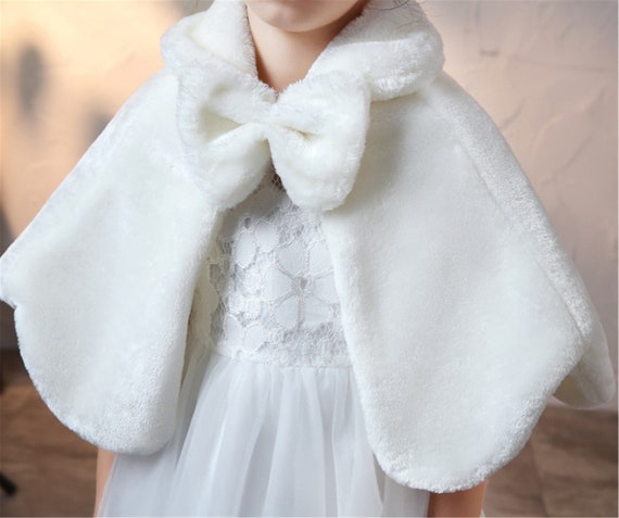 Bow Coat Girls Ivory Cape Kids Faux Fur Shrug for Wedding off