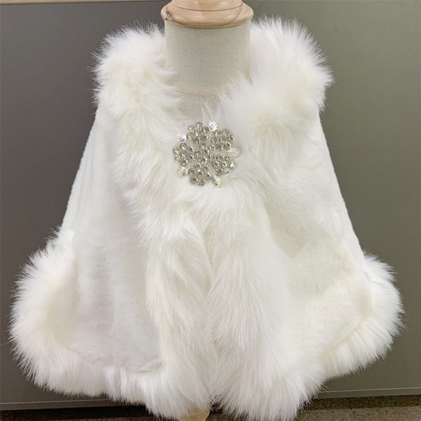 Off-white Faux Fur Shrug for Wedding,Snowflake Crystal Pin Shrug,Flower Girl Cozy Fur Coat,Girls Winter Cape Wrap Costume Shawls Coverup