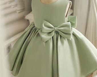 Light Green Baby Girl Dress, Sage Satin Dress, Baby Dress, Toddler Dress, Flower Girl Dress for Wedding, Birthday Dress, Bow Dress