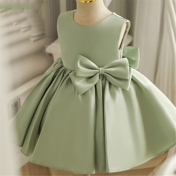 Light Green Baby Girl Dress, Sage Satin Dress, Baby Dress, Toddler Dress, Flower Girl Dress for Wedding, Birthday Dress, Bow Dress