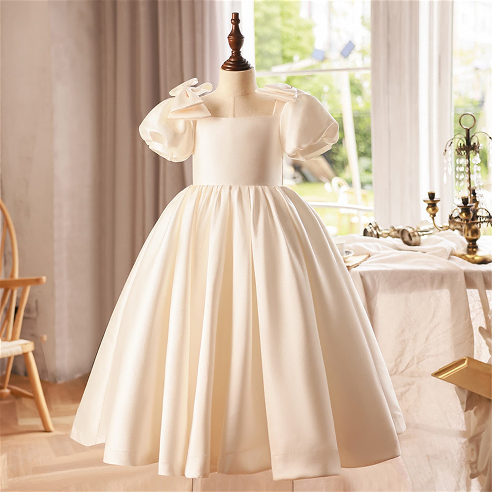 Girls Ivory Satin Dress Floor Length ankle Length Girl Dress Satin