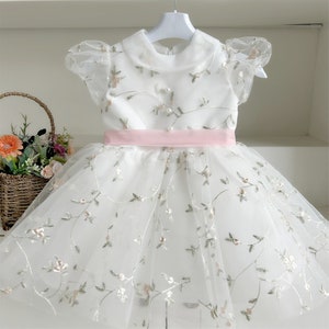 Flowers and Leaves Embroidery Tulle Dress Sash Baby Girl Dress First Communion Dress Lovely Toddler Girls Dress Pageant Dress Birthday Gifts