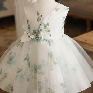 Elegant Green Leaves Pattern Tulle Dress Satin Baby Girl Dress Wedding Flower Girl Dress,Toddler Infant Dress,Birthday Gown for Photo