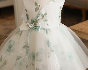 Elegant Green Leaves Pattern Tulle Dress Satin Baby Girl Dress Wedding Flower Girl Dress,Toddler Infant Dress,Birthday Gown for Photo