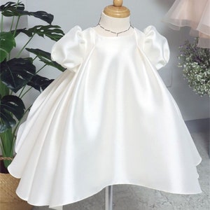 A-line Taffeta Baby Girl Dress with Bubble Sleeves, Wedding Flower Girl Dress White Satin, Toddler Infant Dress,Birthday Gown Christening