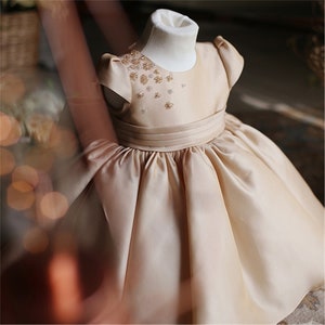 Light Tan Satin Dress,Toddler Baby Dress Cup Sleeves, Flower Girl Dress with Sash,Bow Dress, Birthday Party Gown, Beaded Dress