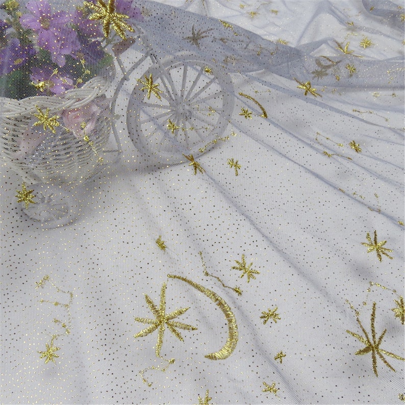 1 yard 50 width Super Beautiful gold glittering tulle moon and stars gold embroidery tulle fabric fashionable mesh fabric by the yard