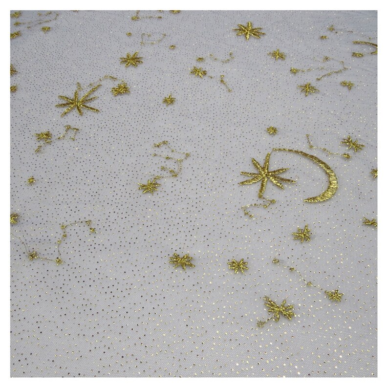 1 yard 50 width Super Beautiful gold glittering tulle moon and stars gold embroidery tulle fabric fashionable mesh fabric by the yard