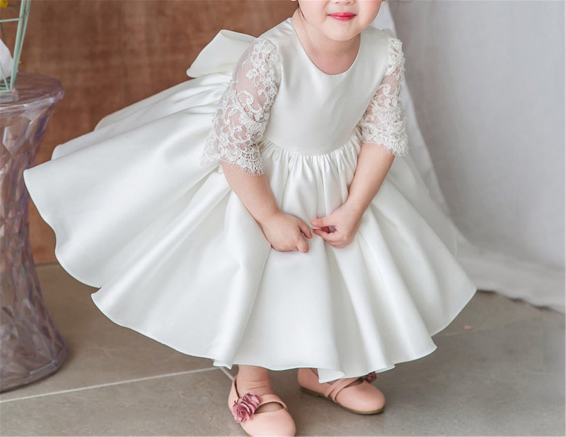 Lace Half Sleeve Flower Girl Dress Baby Girls Satin Dress Etsy