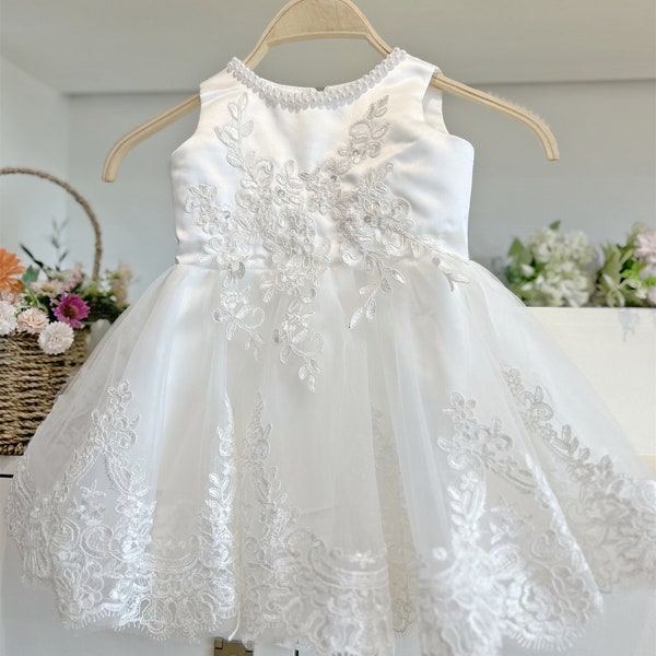 Ivory Lace Dress, Baptism Dress, Baby Girl Dress, Toddler Girl Puffy Dress, Flower Girl Dress for Wedding, Pearls Dress,Christening Dress