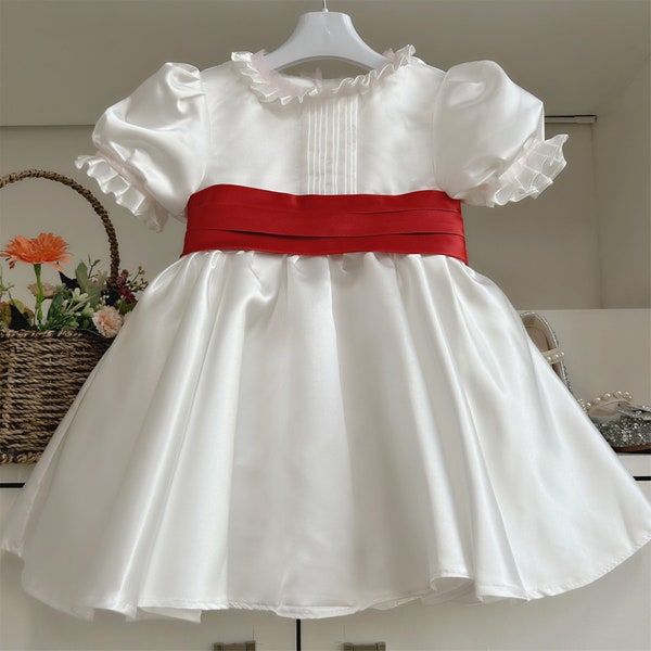 Flower Girl Dress for Wedding, Satin Dress with Bow, White Dress, Toddler Baby dress, Red Sash Girl Dress, Custom Sash Baby Dress, A120