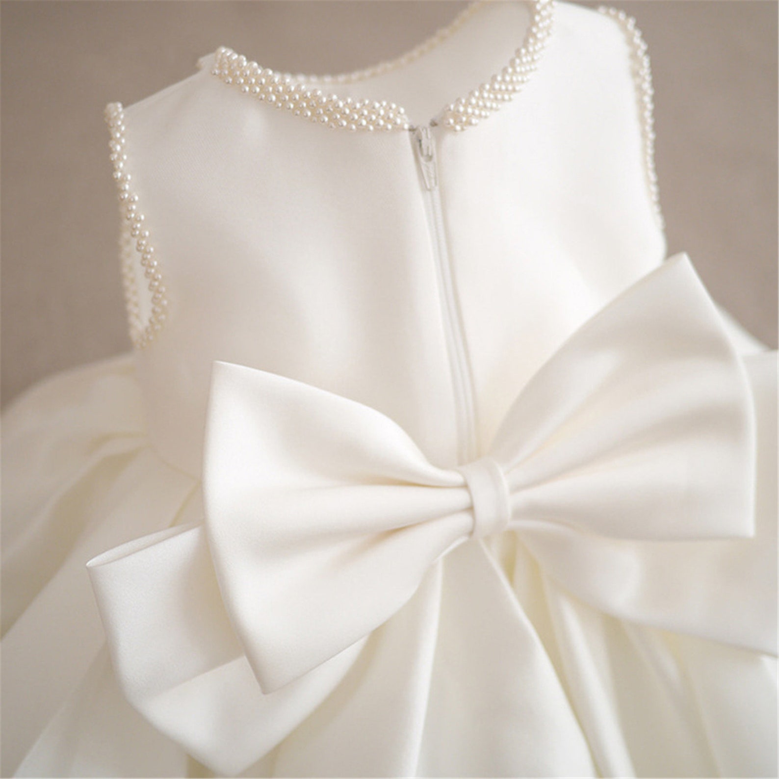 Pearls Neckline White Satin Dress Flower Girl Dress Pearls Etsy
