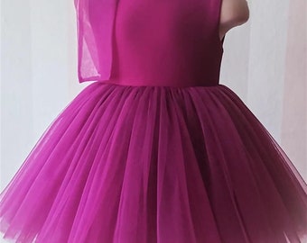 Robe en tulle simple rose pourpre rose en satin, robe de bébé fille, robe de mariée de demoiselle d'honneur, robe tutu, robe de bébé pour tout-petit, robe d'anniversaire